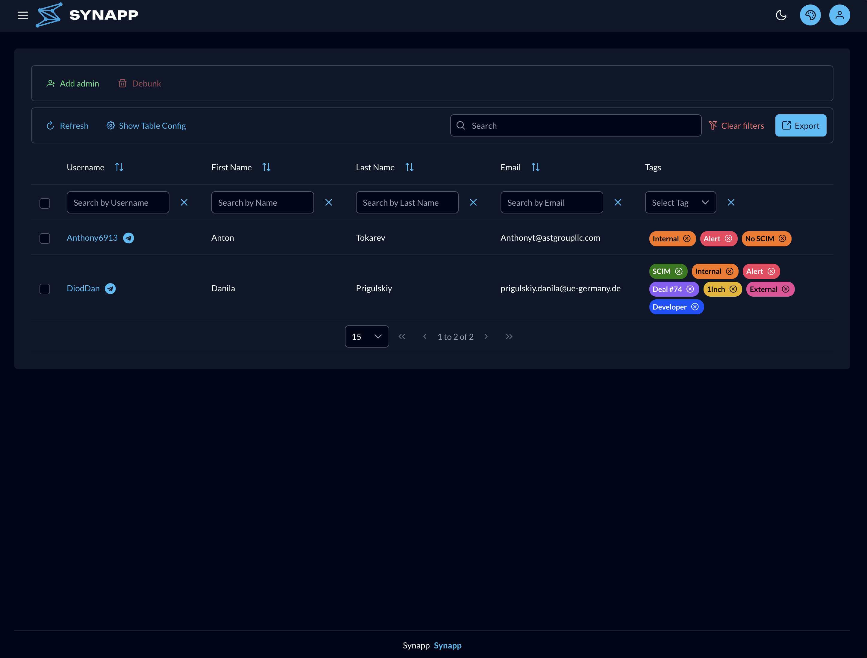 Admins page — list and Add admin dialog