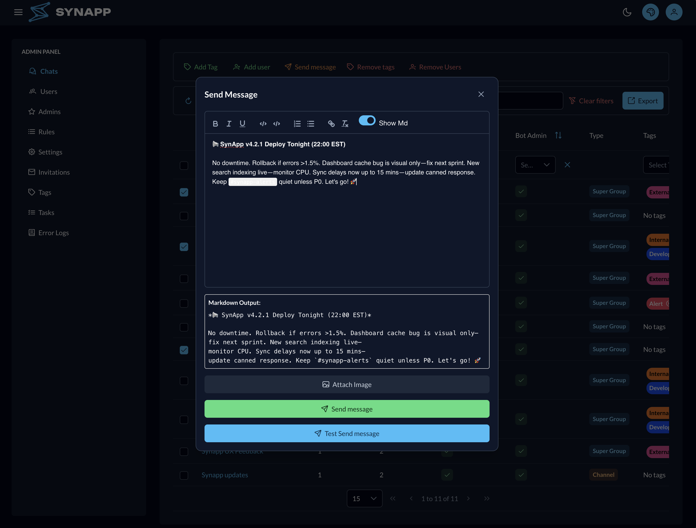 Send message dialog — Markdown editor with Test send option