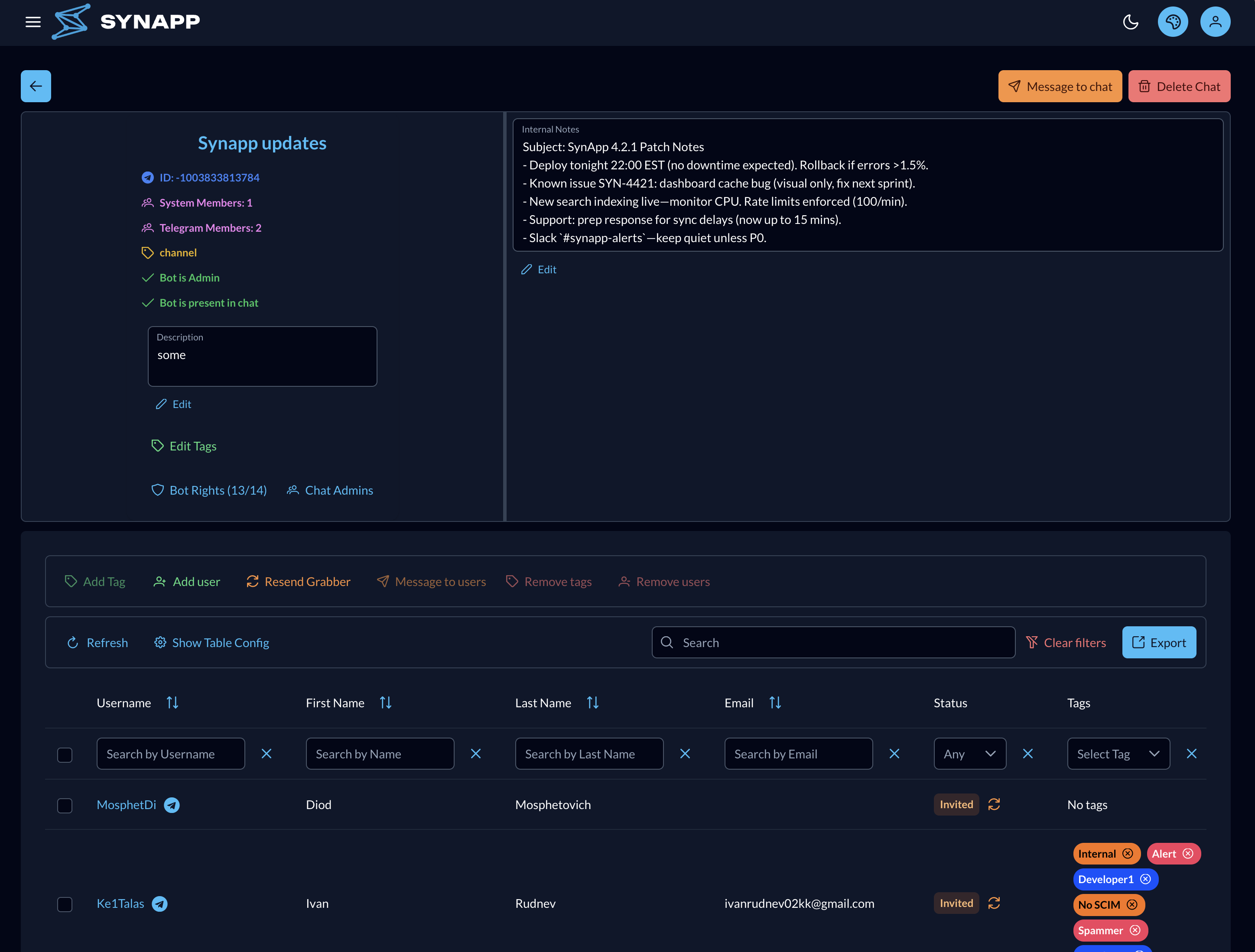Chat details page — info card, member table, Bot Rights and Chat Admins dialogs