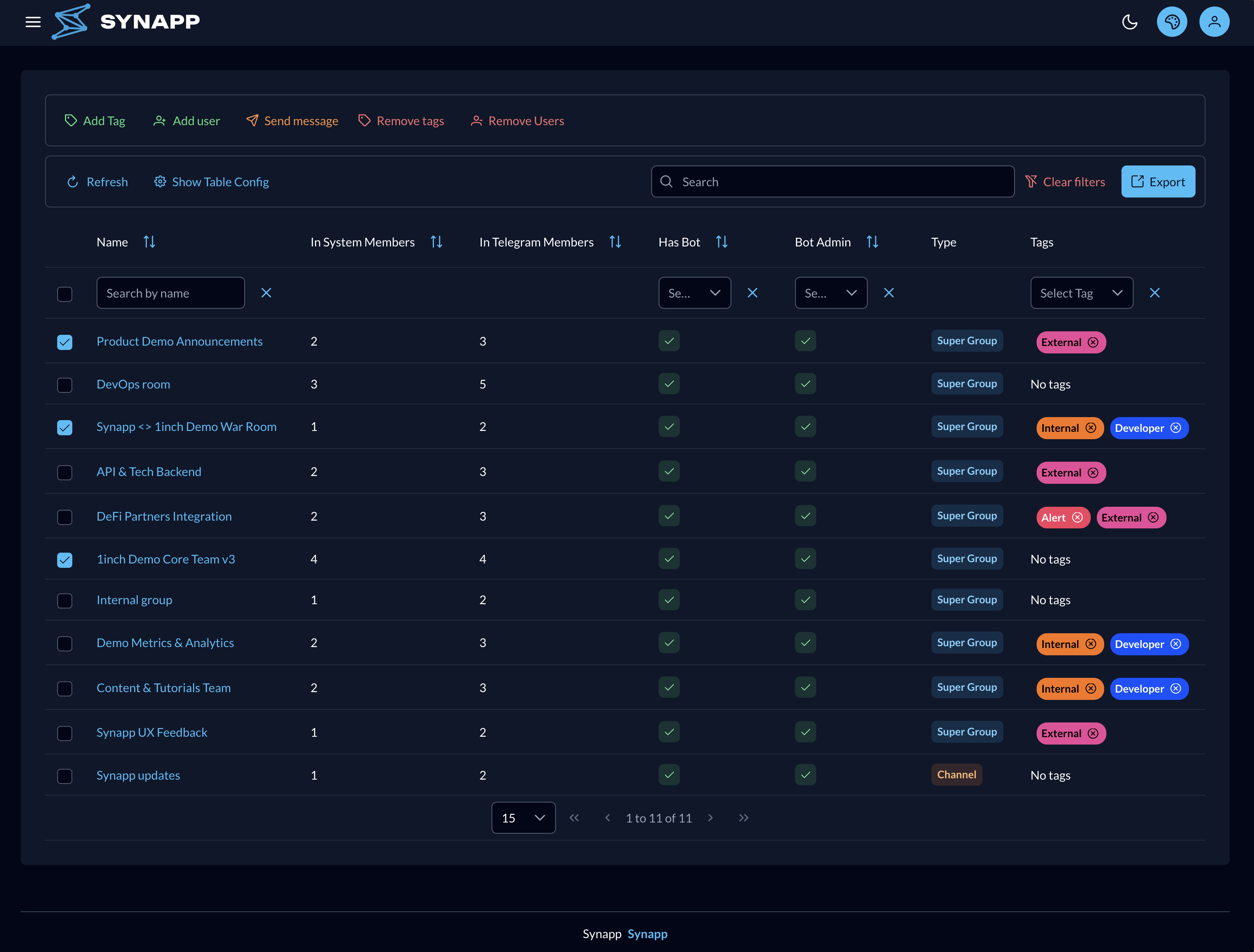 Chats page — table with row selection, toolbar actions, and tag filter