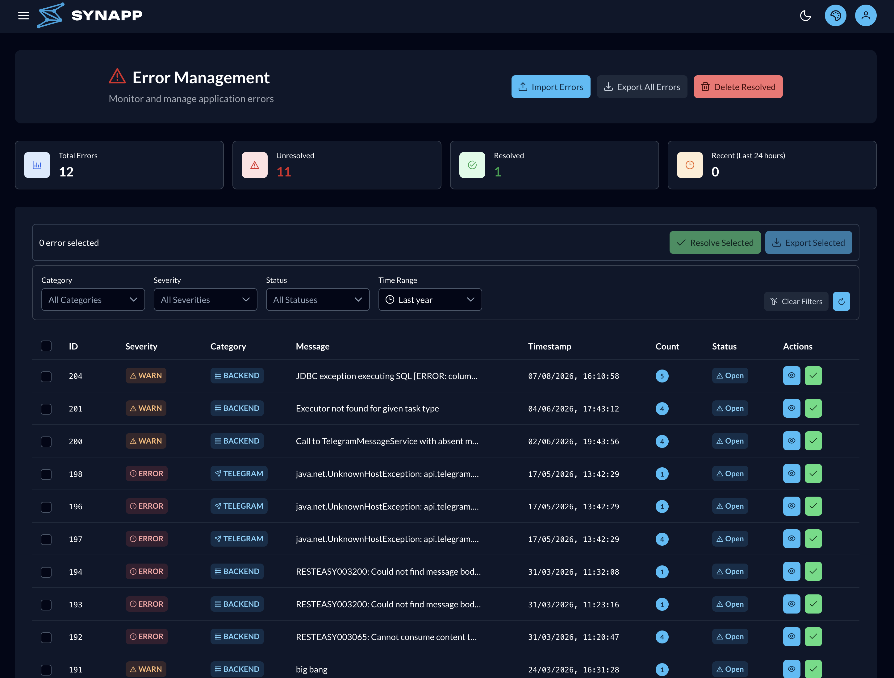Error Logs page — statistics and filterable error table