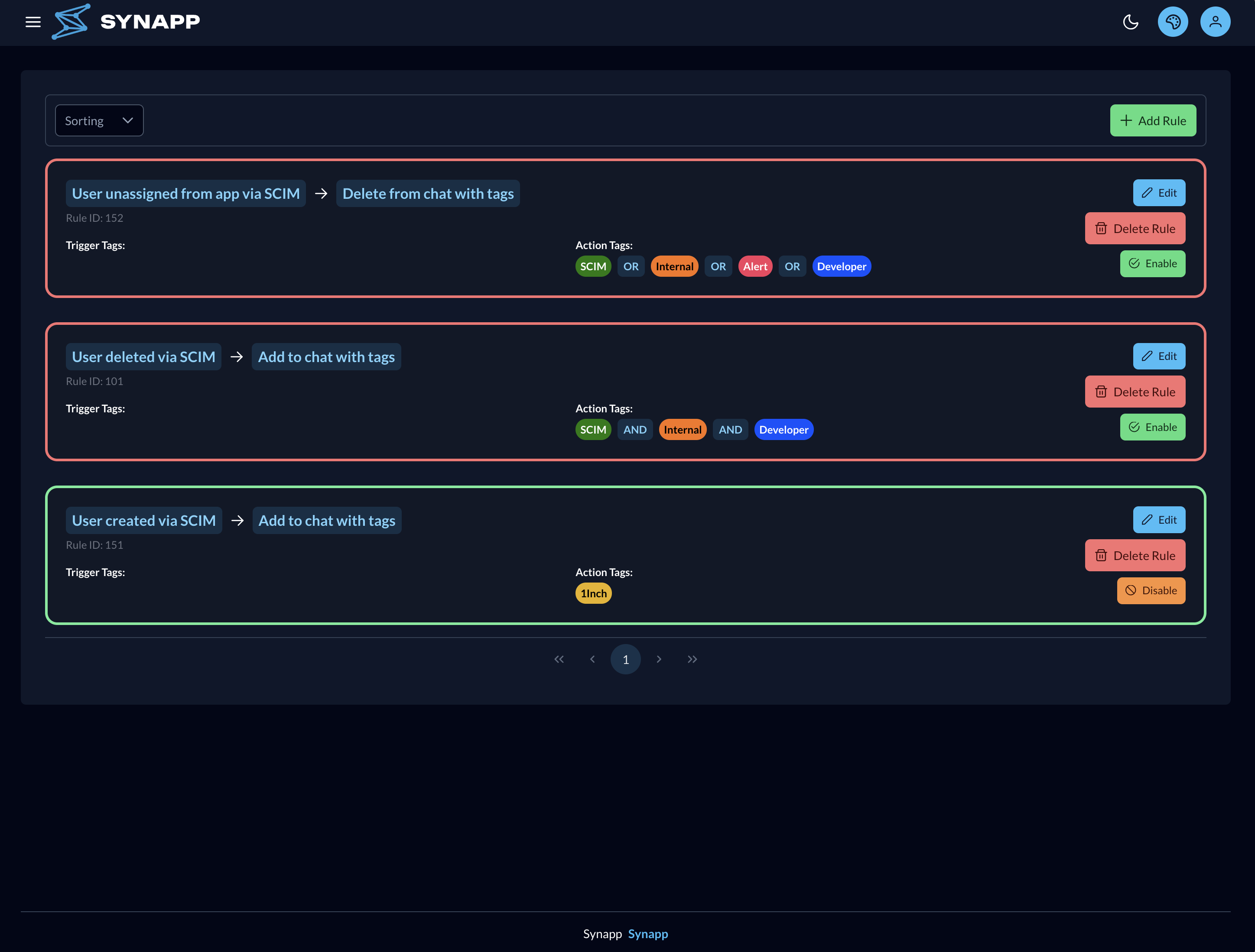 Rules page — Add rule dialog with trigger, action, and tag-matching settings