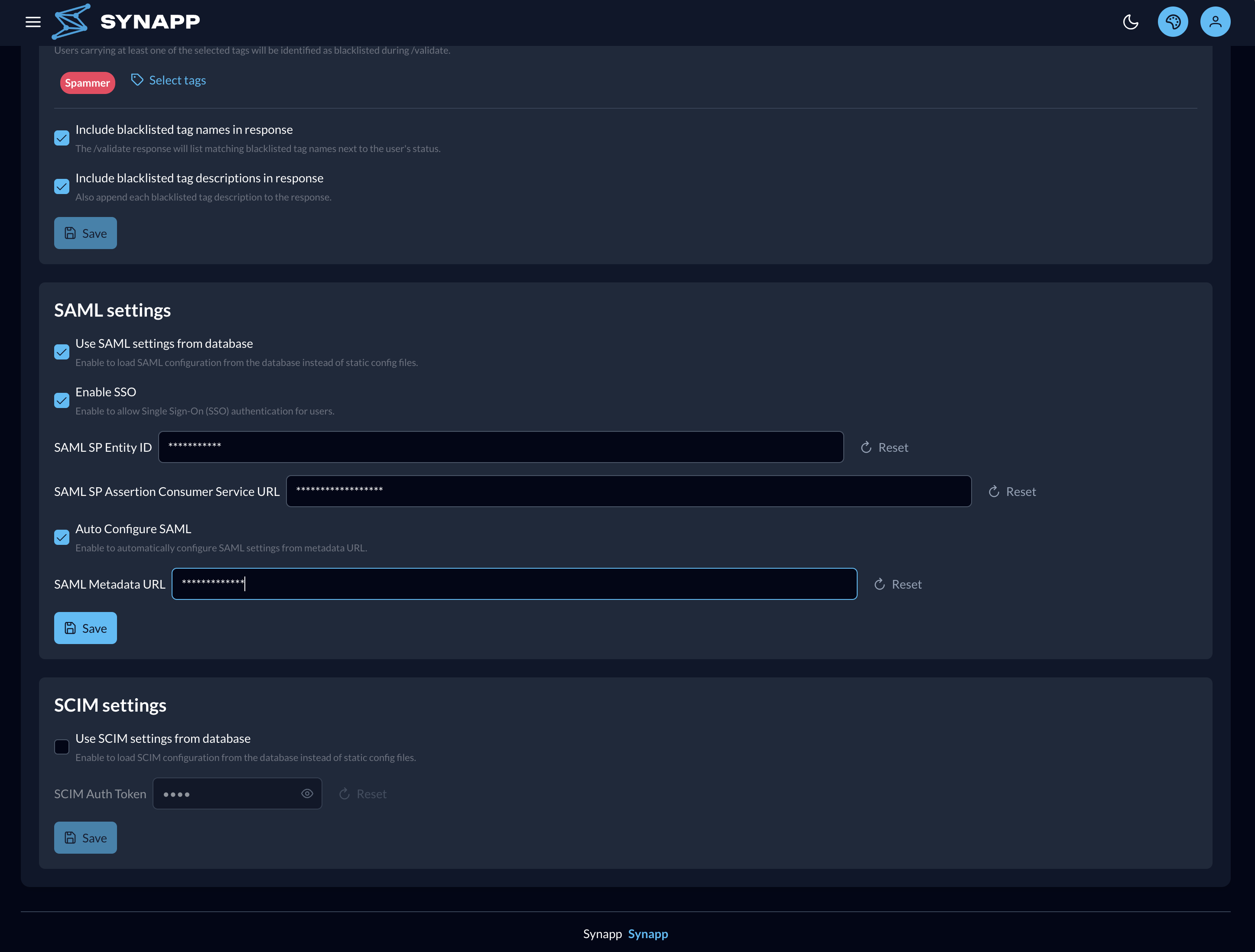 Settings page — SAML SSO configuration and SCIM provisioning