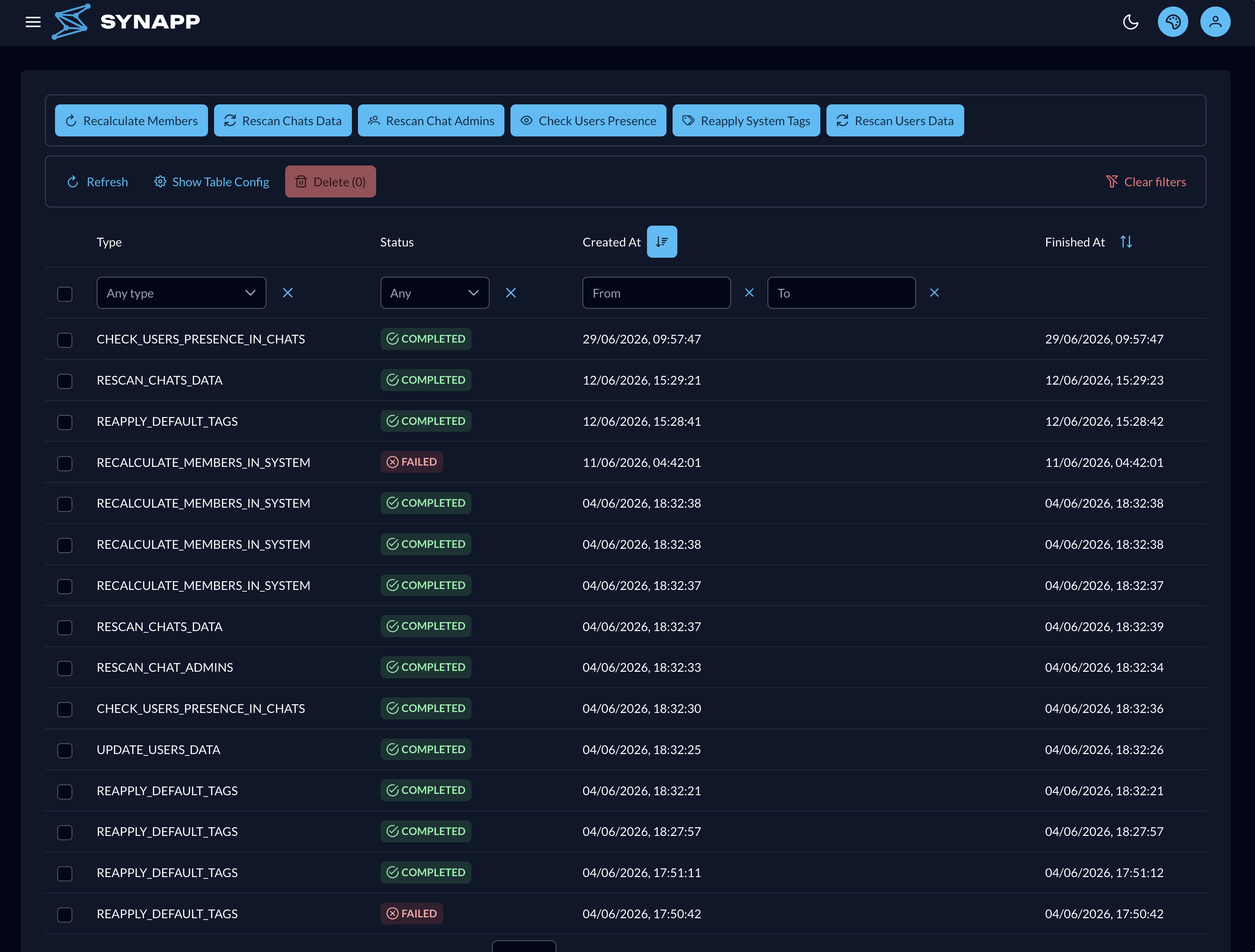 Tasks page — job list and Check users presence wizard