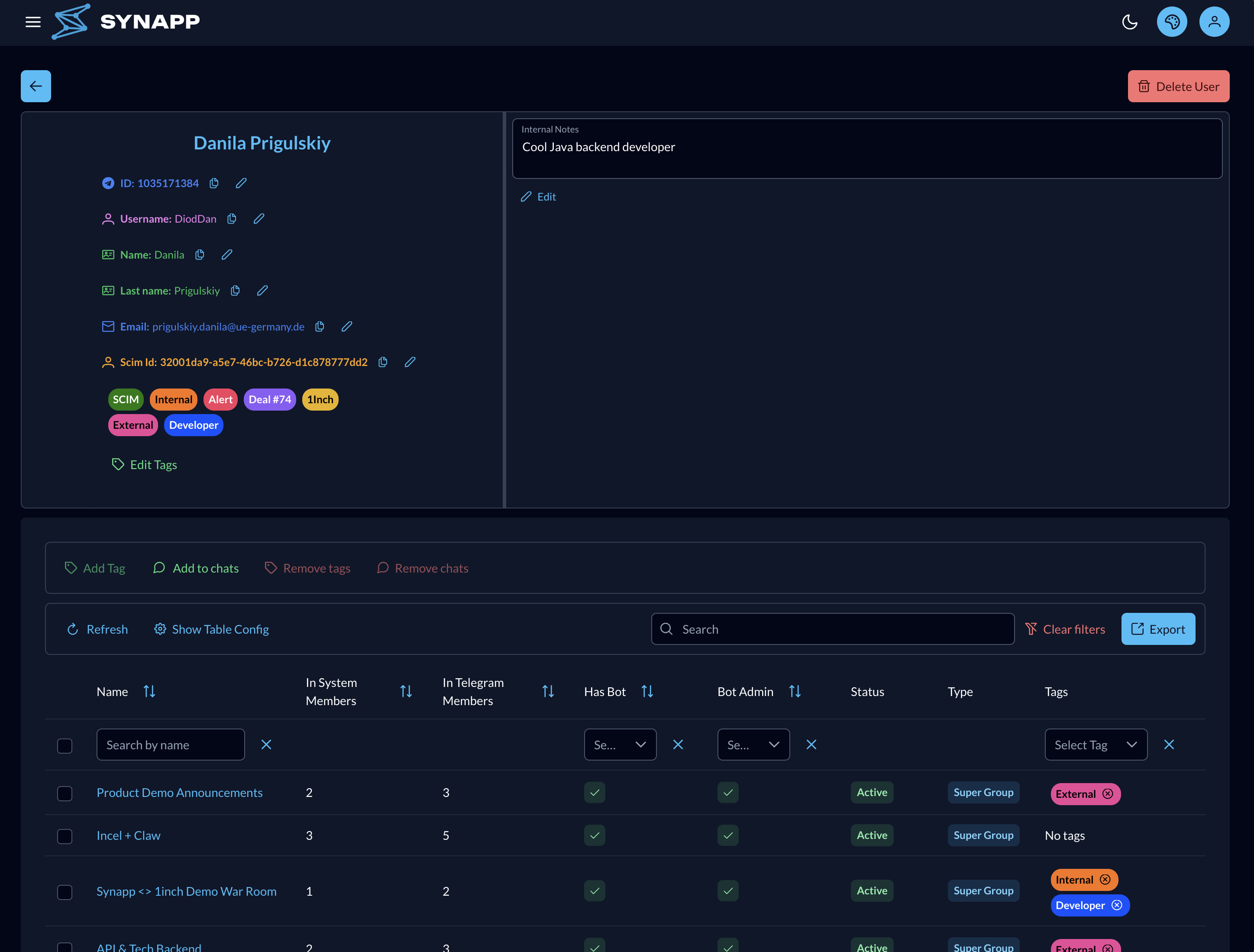 User details page — identity, tags, and chat memberships