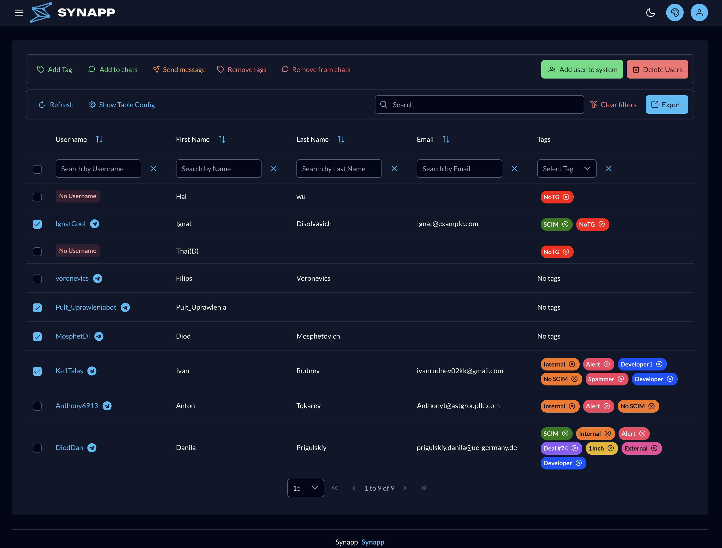 Users page — table, toolbar actions, and Add user dialog